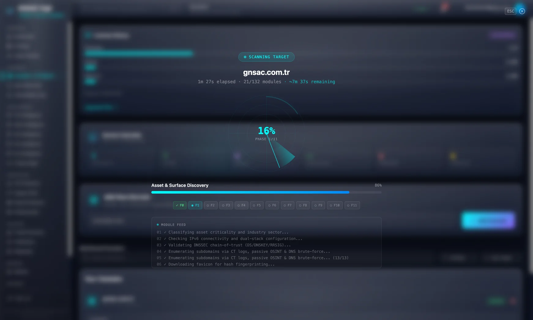 GNSAC Vigil CTI scan in progress — 132 modules, 12 phases